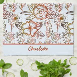 Floral seamless pattern orange personalised name  tea towel