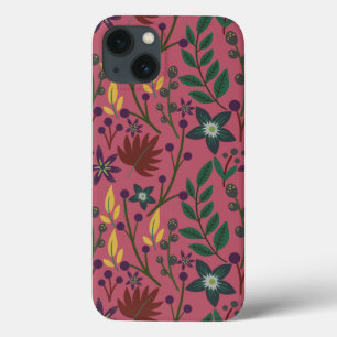 Floral seamless pattern pink flowers leaves branch iPhone 13 case