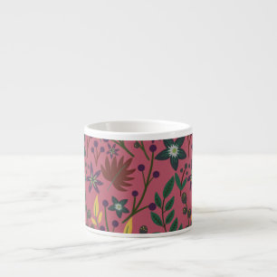 Floral seamless pattern pink flowers leaves branch espresso cup