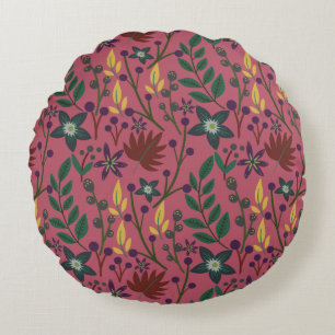 Floral seamless pattern pink flowers leaves branch round cushion