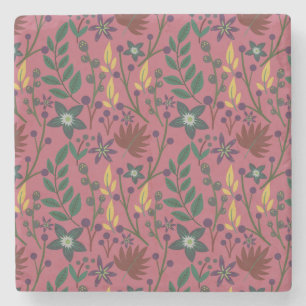 Floral seamless pattern pink flowers leaves branch stone coaster