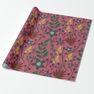 Floral seamless pattern pink flowers leaves branch wrapping paper