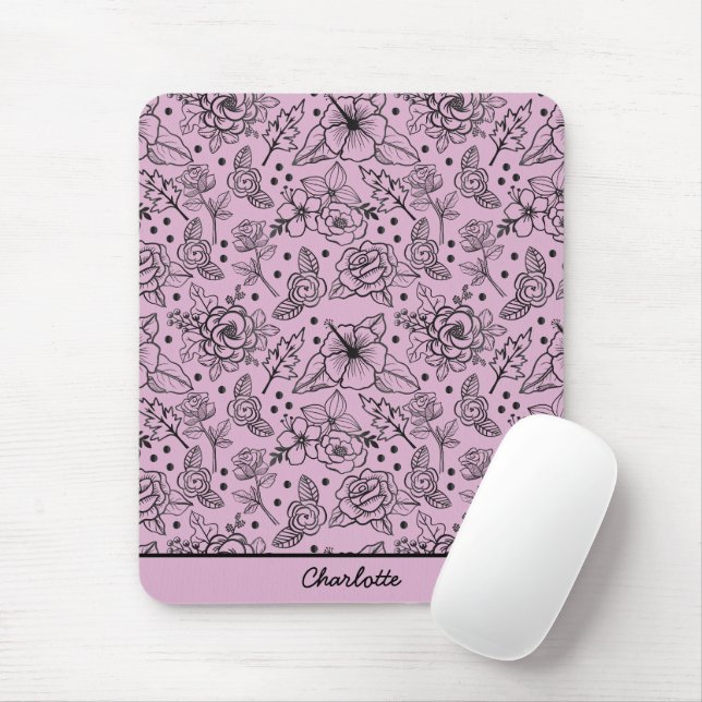 Floral seamless pattern purple personalised name mouse pad (With Mouse)