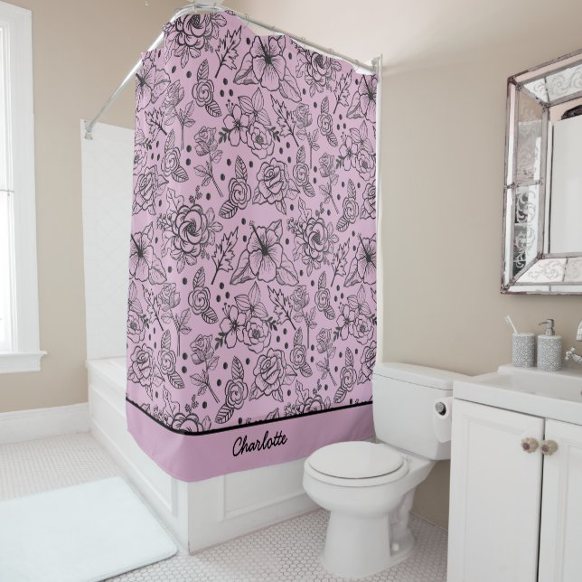 Floral seamless pattern purple personalised name shower curtain (In Situ)