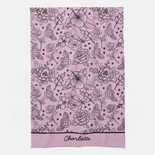 Floral seamless pattern purple personalised name  tea towel