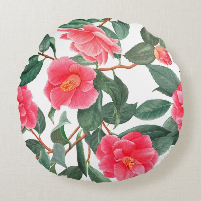 Floral seamless pattern, red camellia flowers with round cushion (Front)