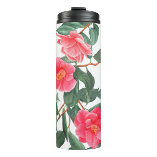 Floral seamless pattern, red camellia flowers with thermal tumbler