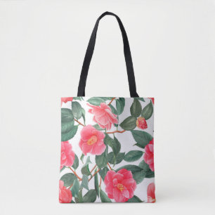 Floral seamless pattern, red camellia flowers with tote bag