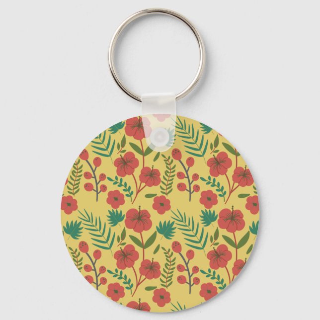 Floral seamless pattern red yellow green flowers key ring (Front)