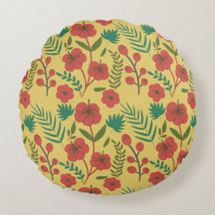 Floral seamless pattern red yellow green flowers round cushion