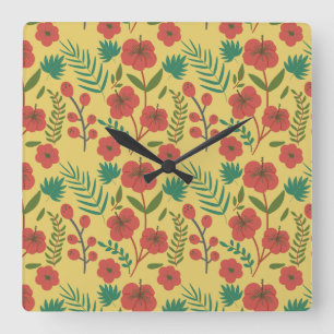 Floral seamless pattern red yellow green flowers square wall clock