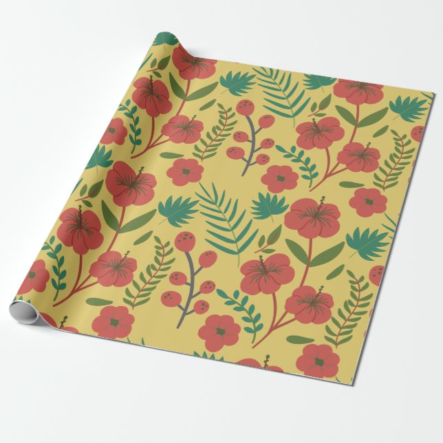 Floral seamless pattern red yellow green flowers wrapping paper (Unrolled)