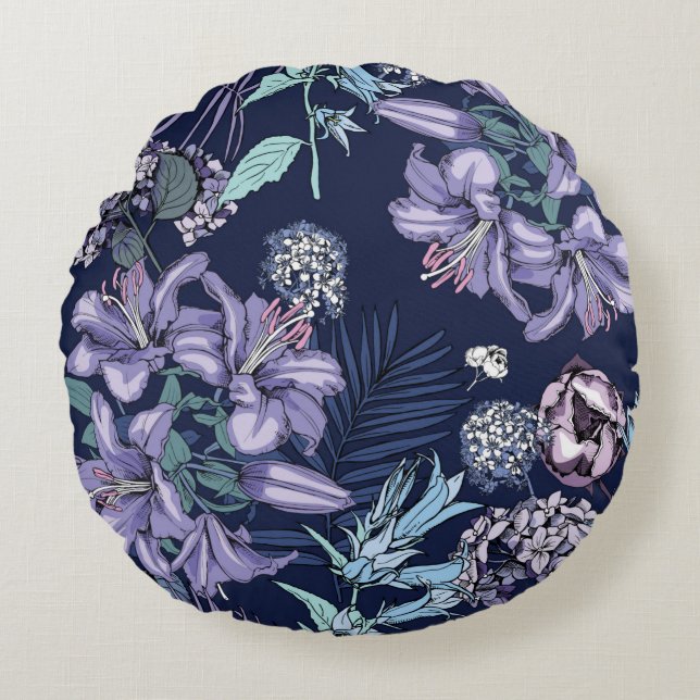 Floral seamless pattern. There are Lily, Hydrangea Round Cushion (Front)