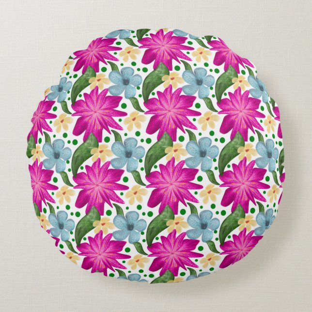 Floral Seamless Pattern | Watercolor Flower Repeat Round Cushion (Front)
