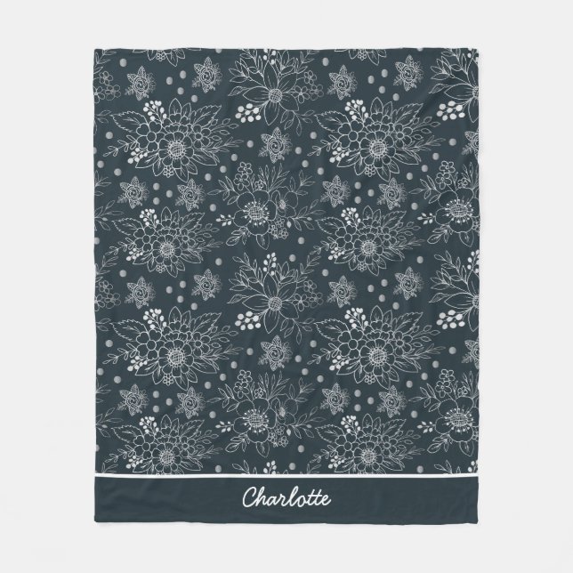 Floral seamless pattern white on dark personalised fleece blanket (Front)