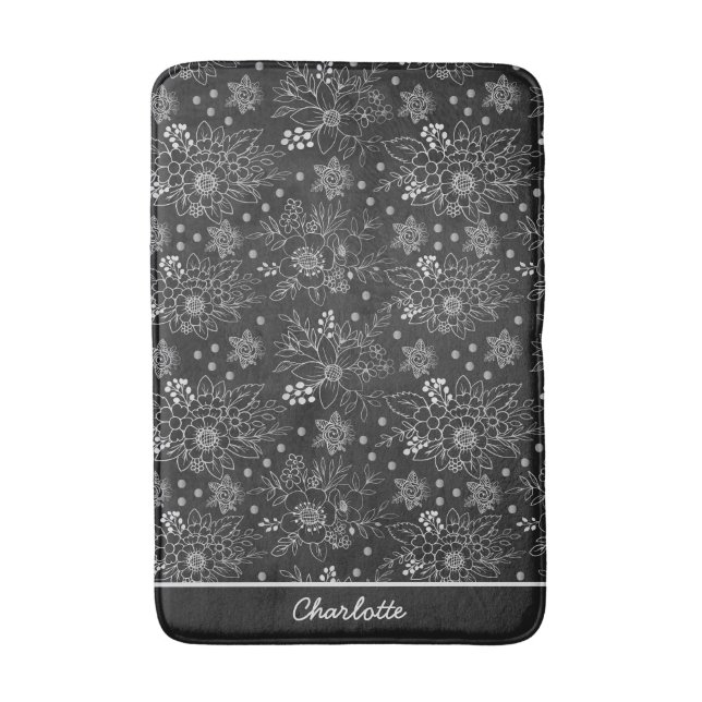Floral seamless pattern white personalised name bath mat (Front Vertical)