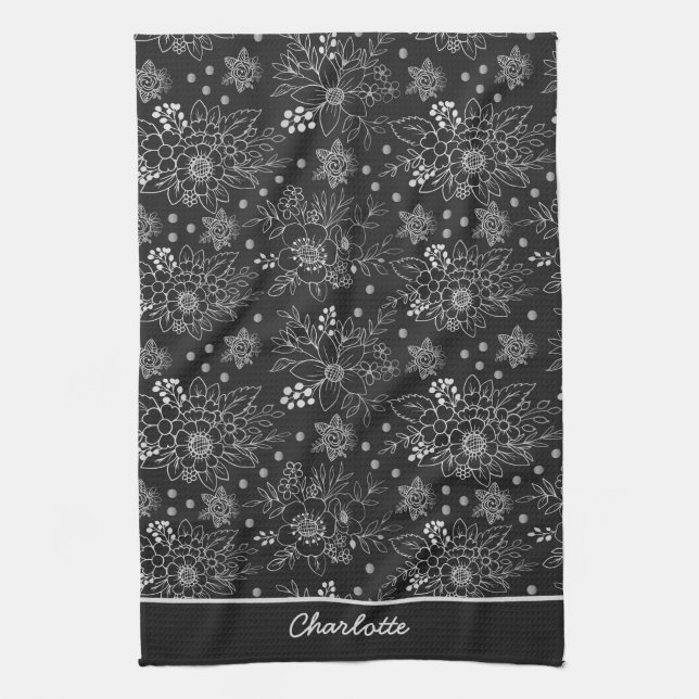 Floral seamless pattern white personalised name tea towel (Vertical)