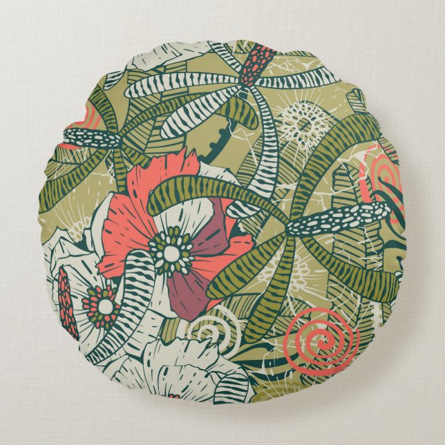 Floral seamless pattern with cute plants. backgrou round cushion (Front)