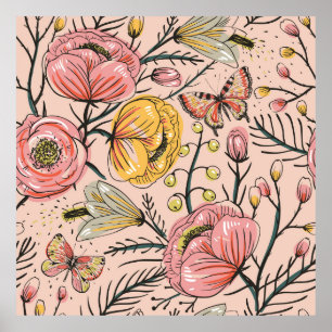  floral seamless pattern with vintage flowers and  poster