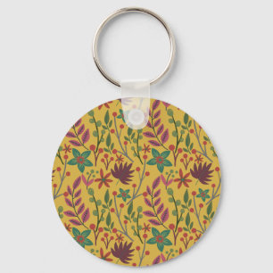 Floral seamless pattern yellow flowers and leaves key ring