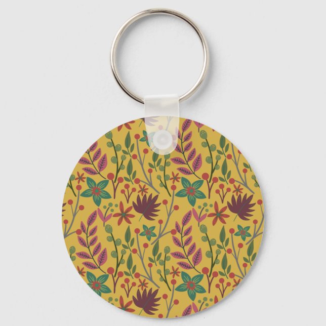 Floral seamless pattern yellow flowers and leaves key ring (Front)