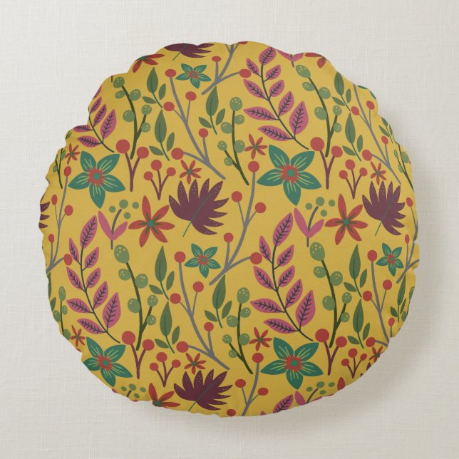 Floral seamless pattern yellow flowers and leaves round cushion (Front)