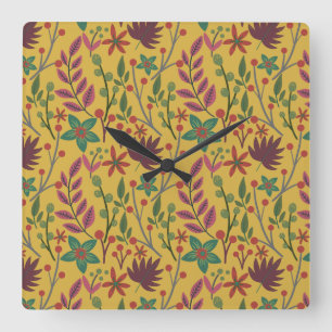 Floral seamless pattern yellow flowers and leaves square wall clock