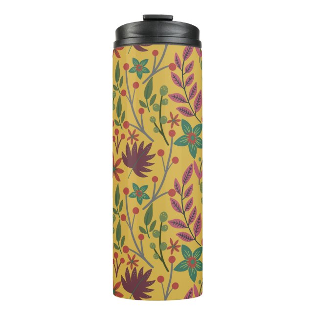 Floral seamless pattern yellow flowers and leaves thermal tumbler (Front)