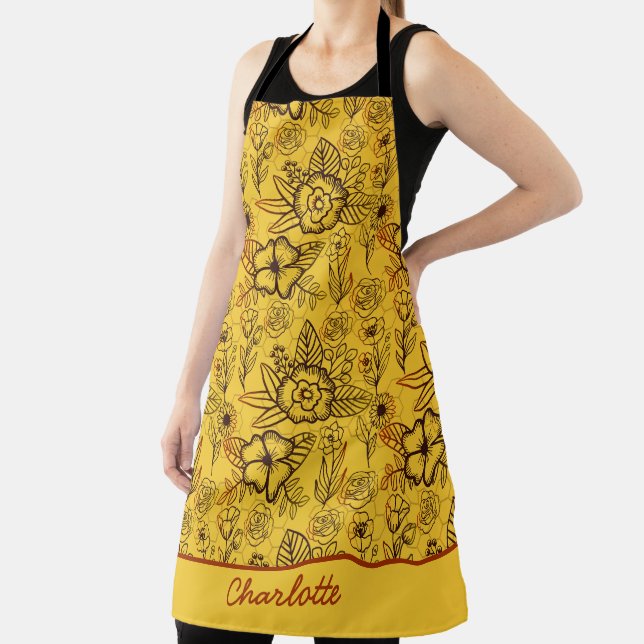 Floral seamless pattern yellow personalised name  apron (Insitu)