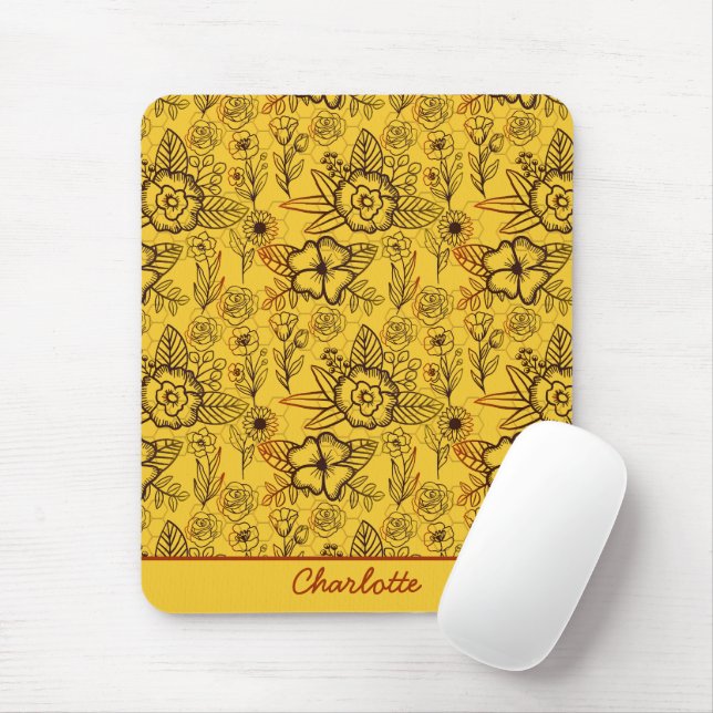 Floral seamless pattern yellow personalised name mouse pad (With Mouse)