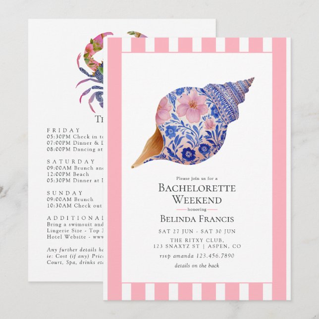 Floral Seashell Coastal Beach Bachelorette Weekend Invitation (Front/Back)