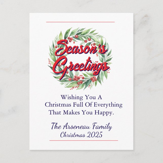 Floral Season's Greetings Red Personalise Holiday Postcard (Front)