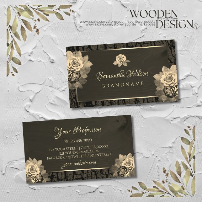 Floral Sepia Gold Dark Brown Wood Grain Tree Bark Business Card (Creator Uploaded)