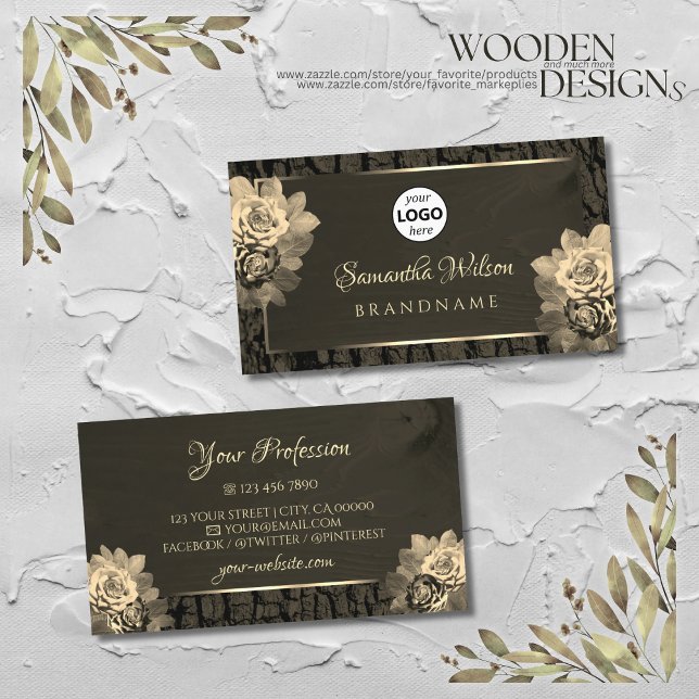 Floral Sepia Gold Dark Brown Wood Grain with Logo Business Card (Creator Uploaded)