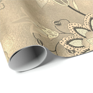 Floral Sepia Gold Glass Oriental Flowers Wrapping Paper