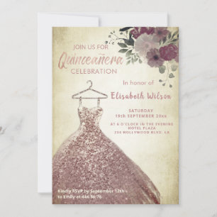 Floral sequins rose gold dress Quinceañera   Invit Invitation