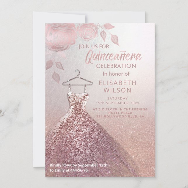 Floral sequins rose gold dress Quinceañera   Invit Invitation (Front)