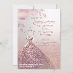 Floral sequins rose gold dress Quinceañera   Invit Invitation