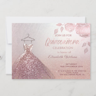 Floral sequins rose gold dress Quinceañera Invitation