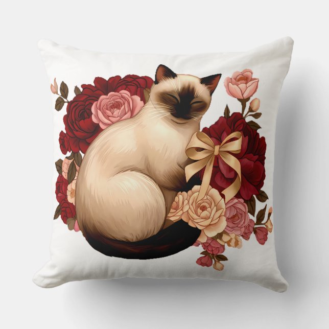 Floral Serenity: Curled Siamese Cat in Bloom Cushion (Front)