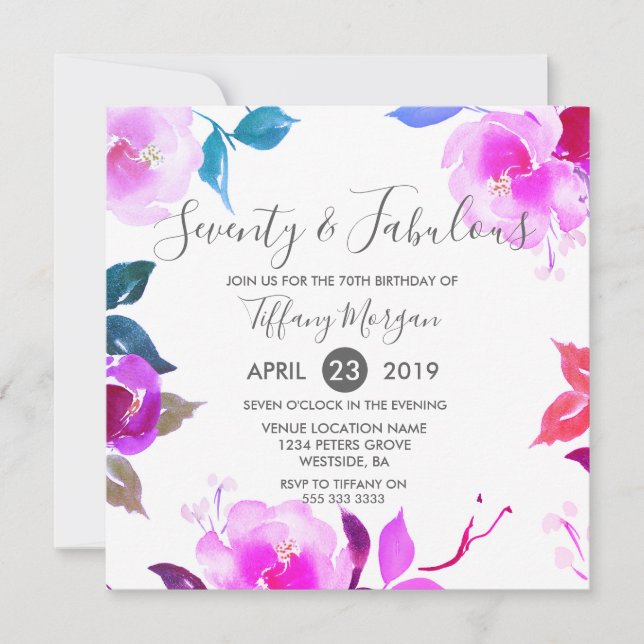 Floral Seventy & Fabulous 70th Birthday Party Invitation (Front)