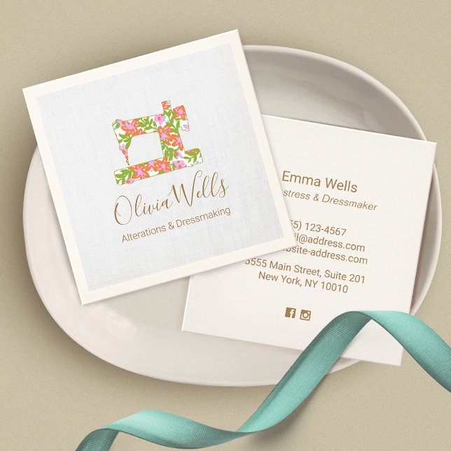 Floral Sewing Machine Seamstress Square Business Card (Creator Uploaded)