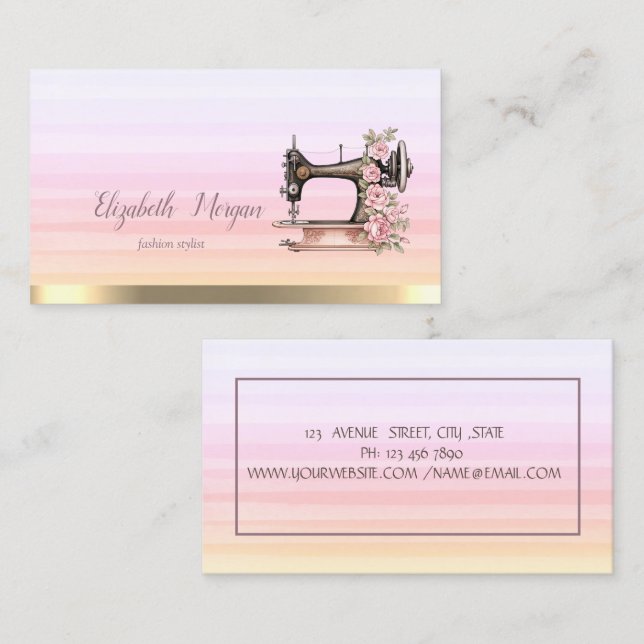 Floral Sewing Machine Stripes Ombre Business Card (Front/Back)