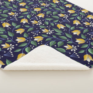 Floral Sherpa Blanket in Deep Blue and Yellow