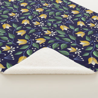 Floral Sherpa Blanket in Deep Blue and Yellow