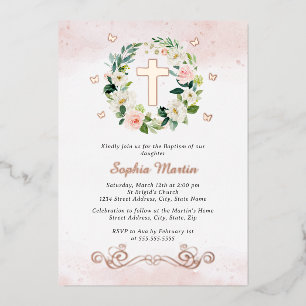 Floral Shiny Gold Cross Butterfly Girl Baptism 