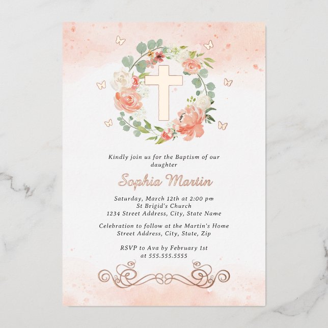 Floral Shiny Gold Cross Peach Floral Girl Baptism  (Front)