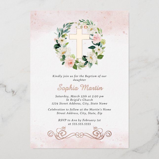 Floral Shiny Gold Cross Wreath Girl Baptism  (Front)