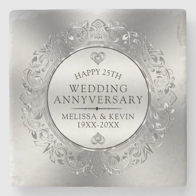 Floral shiny silver Frame 25th Wedding Anniversary Stone Coaster (Front)
