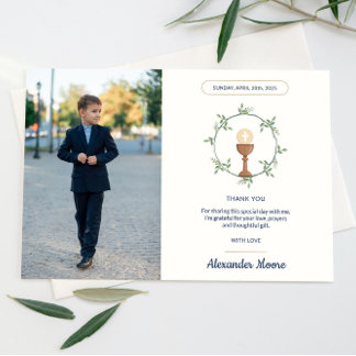 Floral Side Wreath Photo Communion Thank You Invitation
